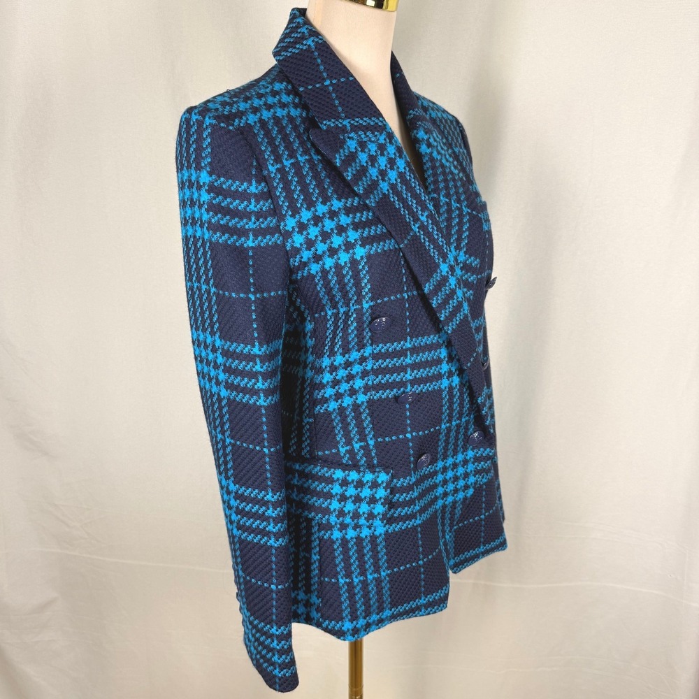 L'Agence Kenzie 100% Wool Teal Blue Plaid Tweed Double Breasted Blazer Sz 2 EUC - Picture 2 of 14